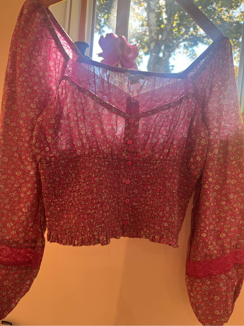 American Eagle Pink Floral Boho Peasant Crop Top | M